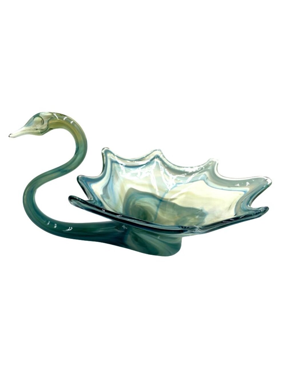 Mid Century Sooner Blue Swirl Art Glass Swan Bowl Retro Boho